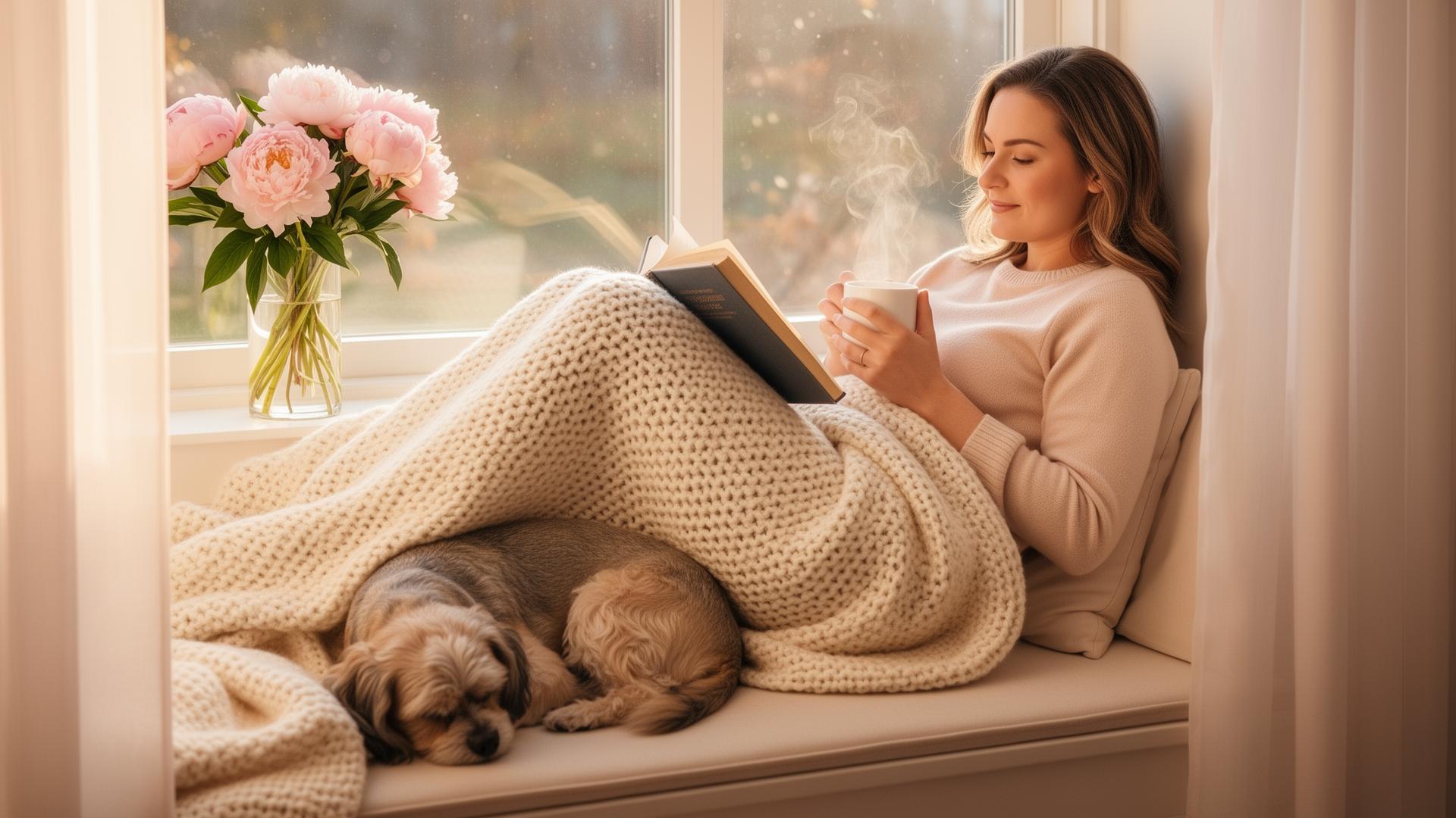 A woman relaxing on a sunlit window seat with a book, mug of tea and her dog curled at her feet