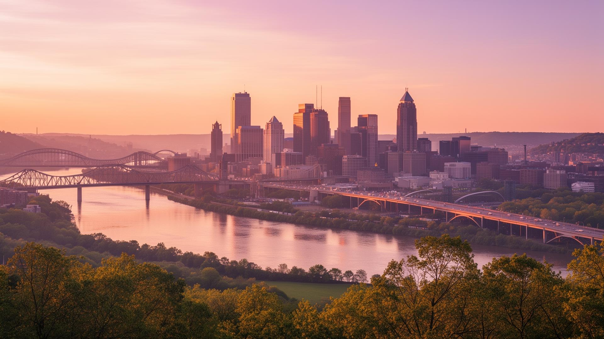 Pittsburgh skyline glowing at golden hour over the three rivers