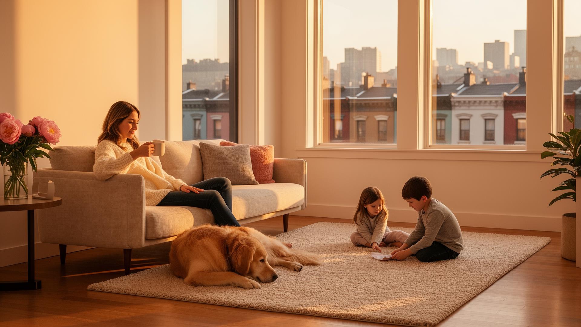 Pittsburgh mom relaxing with coffee, kids and a golden retriever in a freshly cleaned sunlit living room